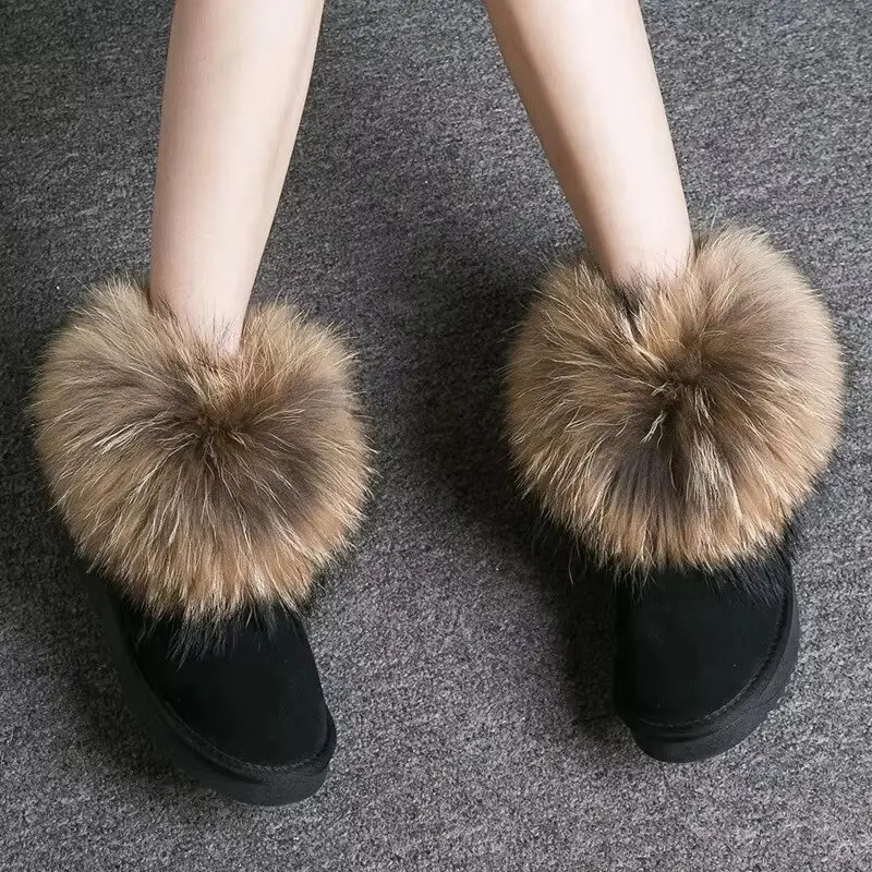 2025 New Natural Big Fox Fur Gneuine Leather Women Snow Boots Warm Winter Boots Slip-On Ankle Boots Female Raccoon Fur