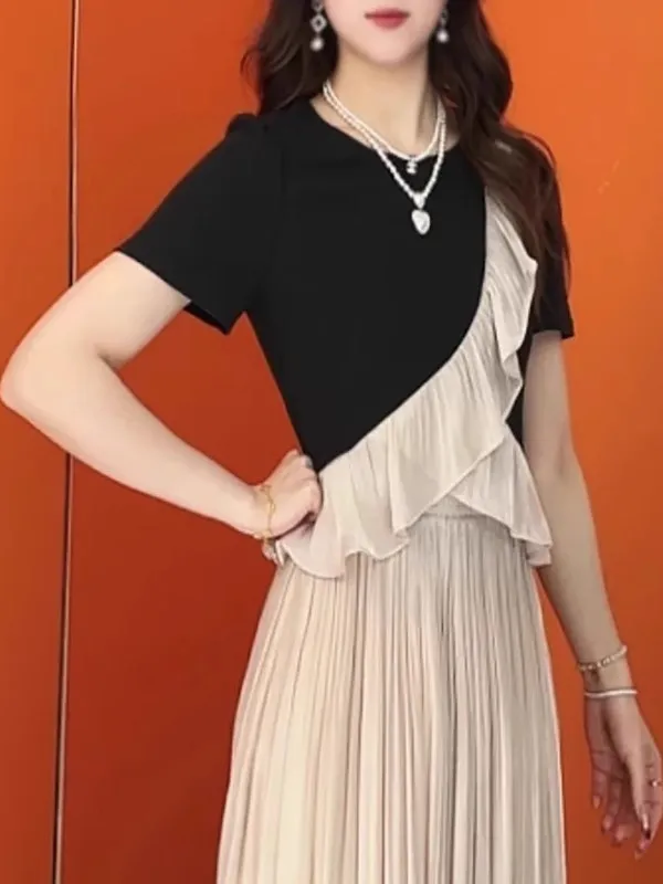 

Slimming ort Sve T-irt Fake Two-Piece Sle Korean Faion Commute round Ne Regular Length Creative Pattern Summer 2025