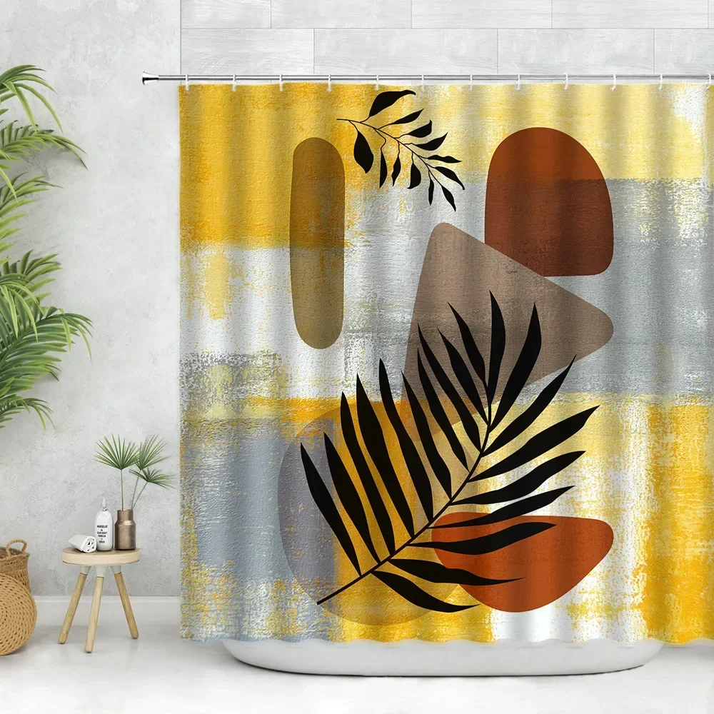 Mid Century Abstract Shower Curtain Set Boho Geometric Modern Minimalist Neutral Home Bathroom Bathtub Curtain Decor Fabric Hook