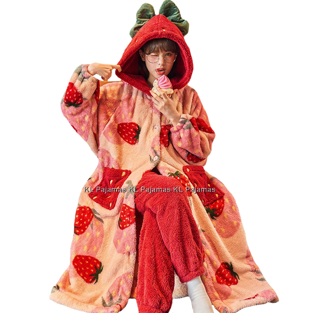 Hooded Women\'s Bathrobe Flannel Robe Sets Thick Dressing Gown Winter Cartoon Plush Pajamas Set Sweet Nightgown With Pants Nighty