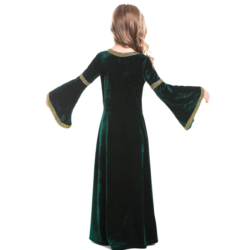 Costume da ragazza medievale rinascimentale per bambini song and dance drama stage costume abito lungo manica svasata verde scuro