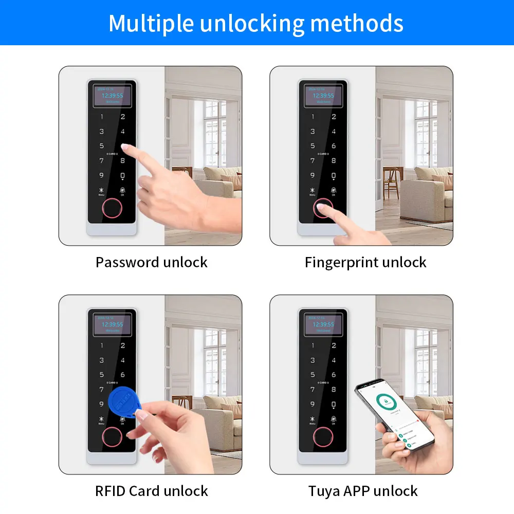 مقاوم للماء WIFI Tuya App التحكم قارئ بصمات الأصابع مع شاشة LED LCD قائمة بذاتها باب لوحة المفاتيح المعدنية نظام التحكم في الوصول RFID