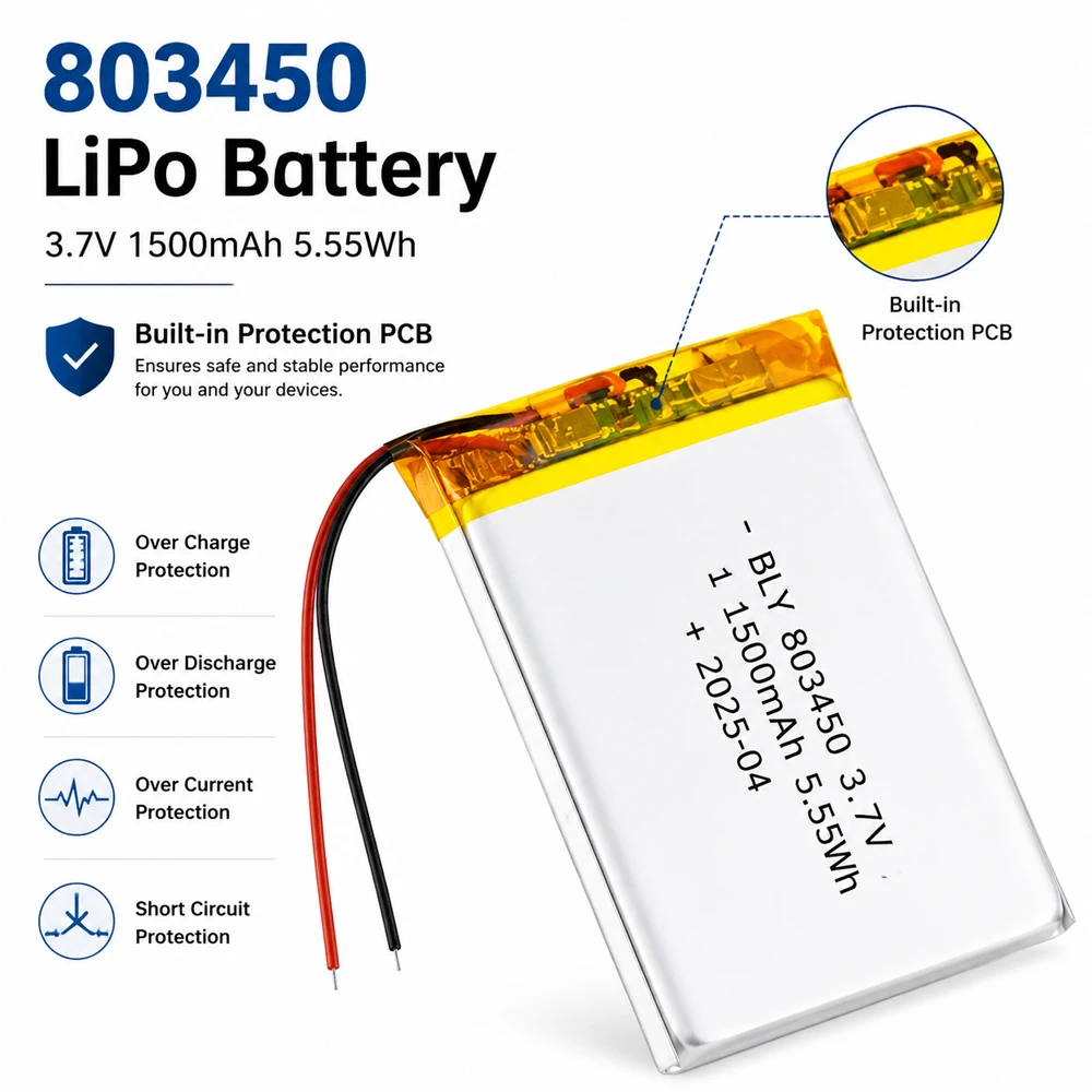 1-100pcs 803450 LiPo Battery 3.7V 1500mAh Rechargeable Lithium Polymer Battery with PCB Protection for DIY Electronics