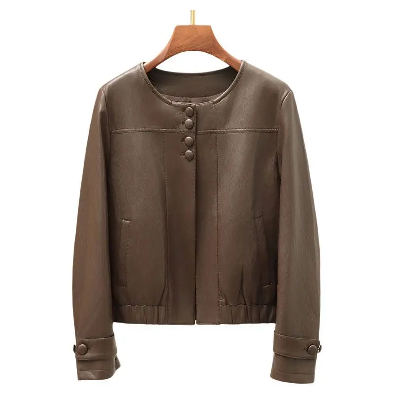 Kort rondhals jack van imitatieleer, nieuw, casual, modieus, rondhals jas voor dames