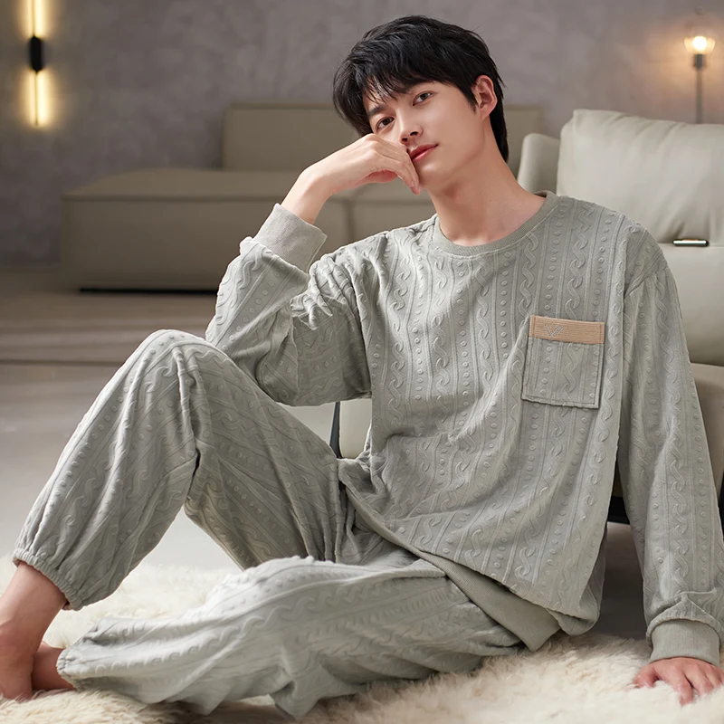 

Winter Island Fleece Sleepwear Pullover Tops+Pants 2PCS Warm Men Pajamas Suit Coral Fleece Home Clothes Full Sleeve Men Homewear