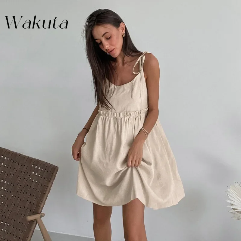 WAKUTA Sexy U-neck Sleeveless Halter Dresse Salt Set Loose Cotton Linen A-line Gowns Loose Casual Mini Skirts Beach Y2K Clothes