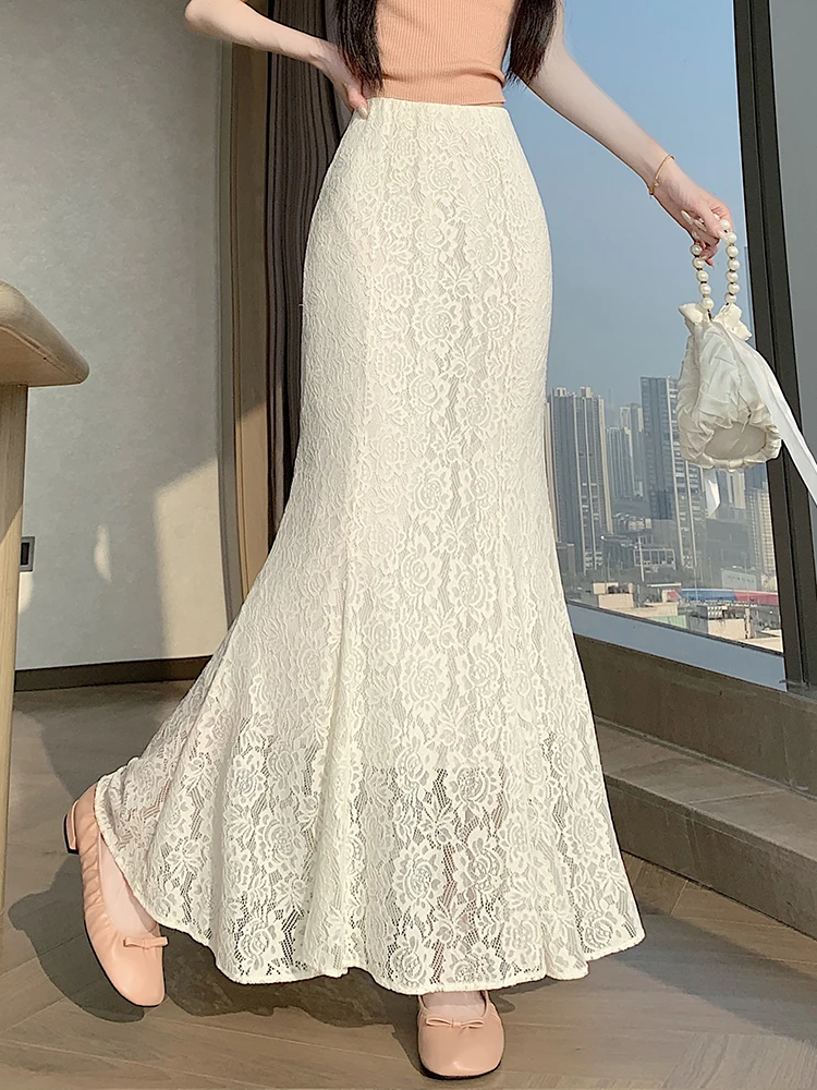 

Элегантное женское летнее платье с высокой талией, кружевными вставками и вырезами, А-силуэт, длинное, с эффектом стройности, в корейском стиле, для повседневной носки