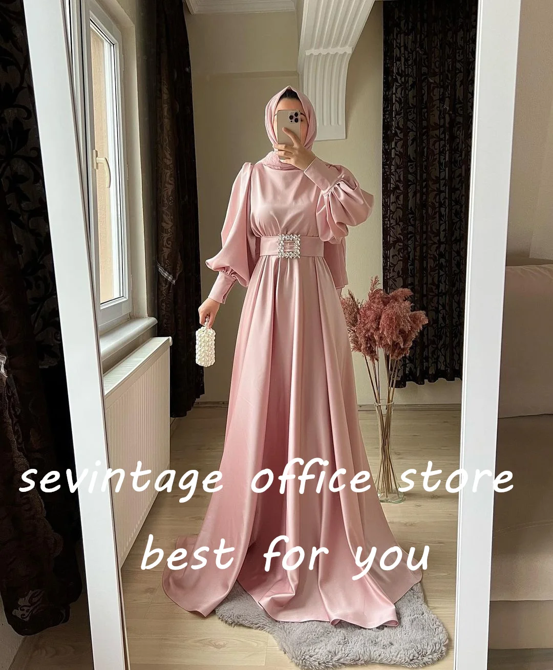 Sevintage Modest Pink Prom Dresses Long Sleeves High-Neck A-Line Arabic Muslim Evening Dress Turkish Formal Party Gowns 2023