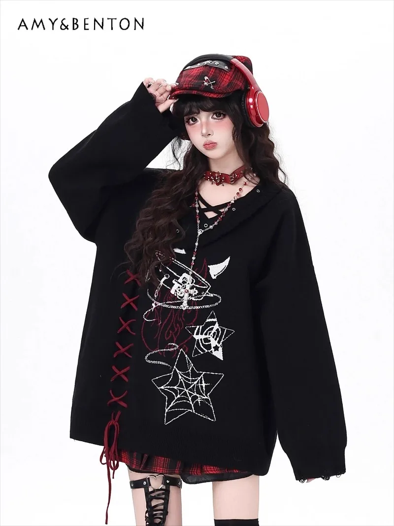 

Оригинальный свободный свитер в готическом стиле с перекрестными ремешками, осень-зима, свободные повседневные свитера с v-образным вырезом и принтом для девочек