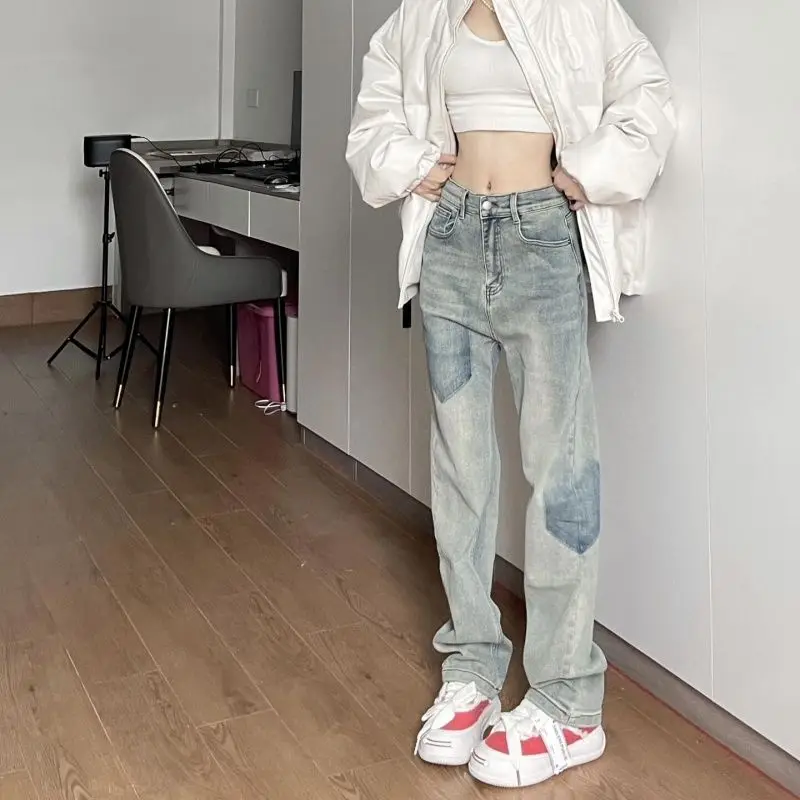 American Retro High Street Stretch Straight Jeans Washed Loose New High Waist Slim Floor Mopping Pants