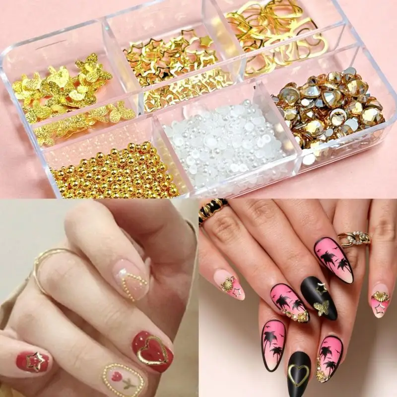 

1Box Exquisite Gold Hollowed Out Star Heart Nail Charm 3D Rhinestone Flat Bottom Pearl Nail Art Decoration Manicure DIY Supplies