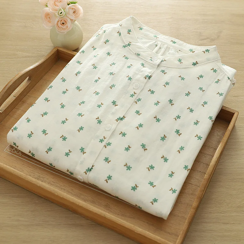 قميص صيفي جديد بأكمام تشبه جناح الخفّاش من القطن لعام 2025، بلوزة فضفاضة متعددة الاستخدامات مطبوعة برقبة دائرية للسيدات من Mori Girl T57123CC