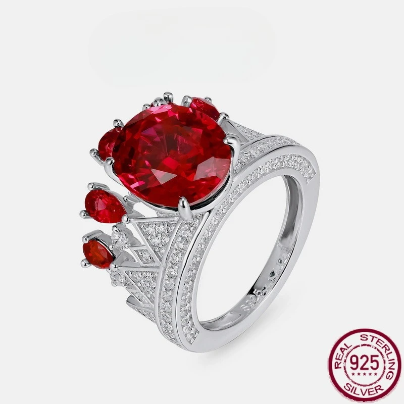 

New S925 pure silver European and American red and blue sparkling gemstone ring, light luxury and noble wedding jewelry