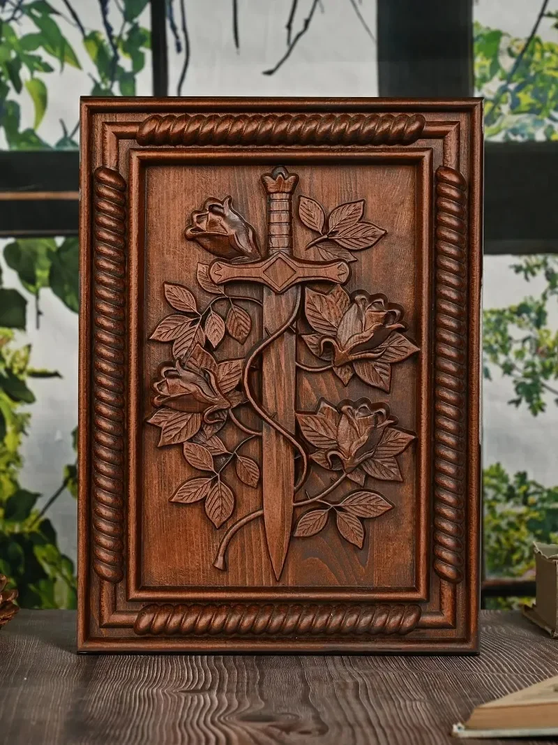 Vintage Solid Wood Carved Rose and Sword Wall Photo Frame Home Living Decoration Ornaments - view 6