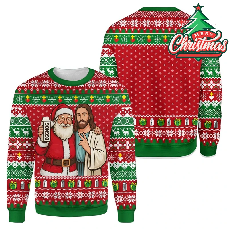Lovers Matching Xmas Sweatshirt  Festive Cartoon Figure Graphic Snowflake Pattern Ugly Christmas Crewneck Pullover For Couple
