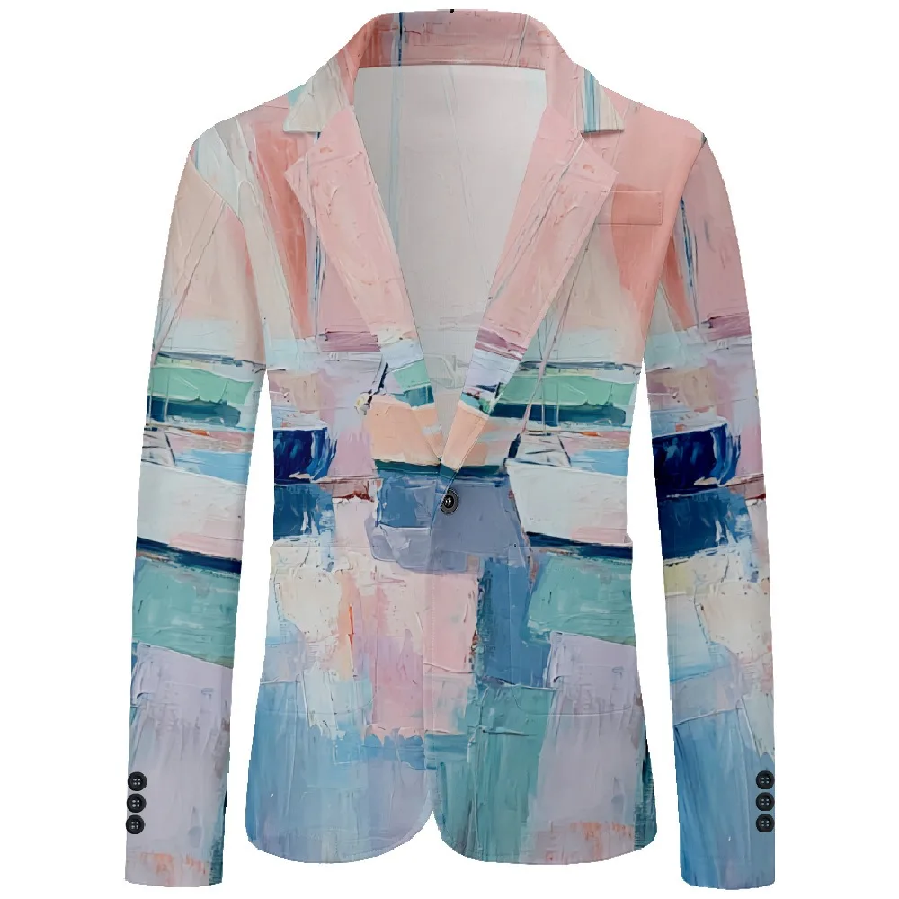 Mens Blazer Artistic Oil-Painting Print One Buttons Vintage Casual Coat Business Office Party Jacket Slim Fit Blazers Outfit Men