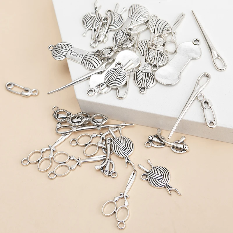 31pcs/lot Mixed Tibetan Silver Color Wool Yarn Ball Needle Charms Pendants DIY Necklace Bracelet For Jewelry Making Accessories