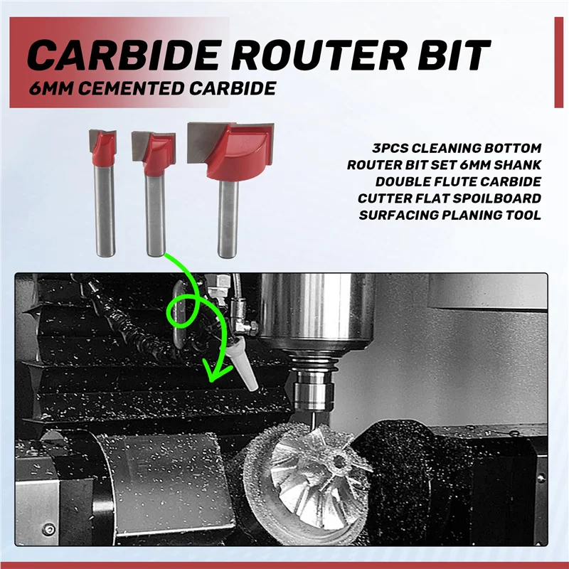 

A20F-3Pcs Cleaning Bottom Router Bit Set 6Mm Shank Double Flute Carbide Cutter Flat Spoilboard Surfacing Planing Tool