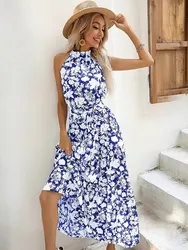 Msfilia Floral Print Halter Slit Sexy Women Chic Dress Summer Casual Ladies Long Dress