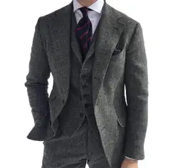 Mens 3 Pieces Suits Grey Wool Retro Classic Herringbone Pattern Groom Tweed Tuxedos for Wedding Business  (Blazer+Pants+Vest)