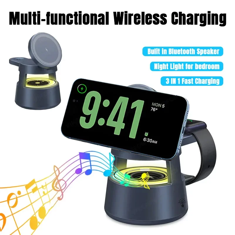 Wireless Charger Stand 5 in 1 Night Light LED Bluetooth Speaker For Magsafe iPhone 16 15 14 13 12 Apple Watch 9 8 7 Airpods Pro