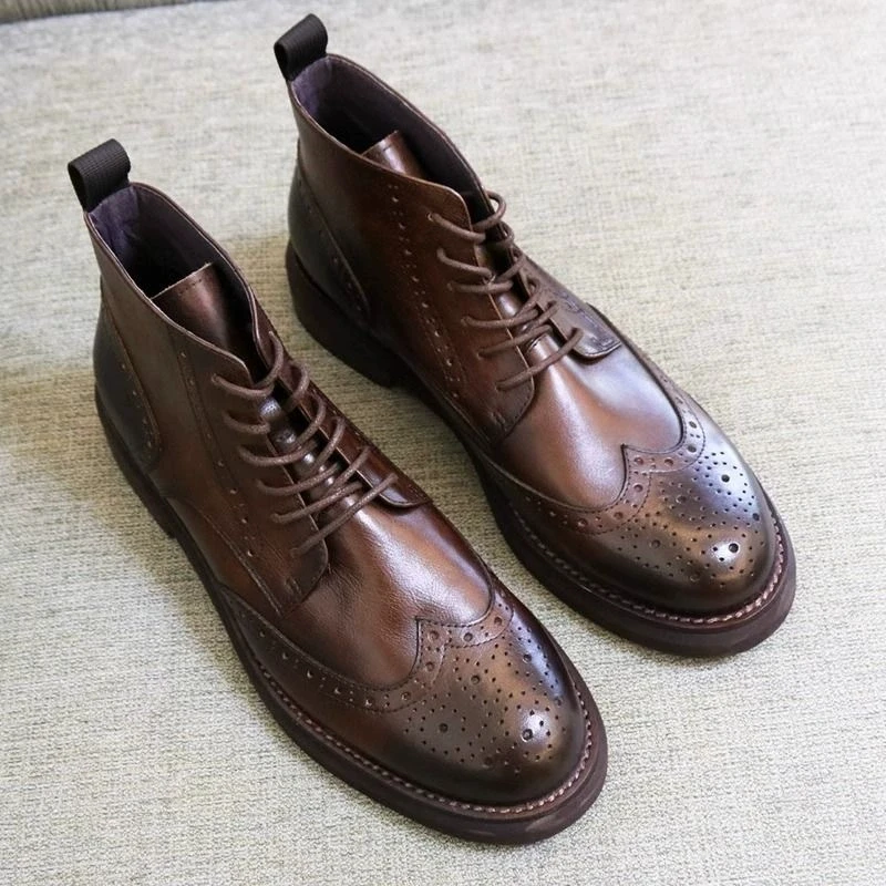 Vintage British Style Men Brogues Leather Boots Dress Shoes Men Ankle Boots Lace-up Urban Male Autumn Winter Boots