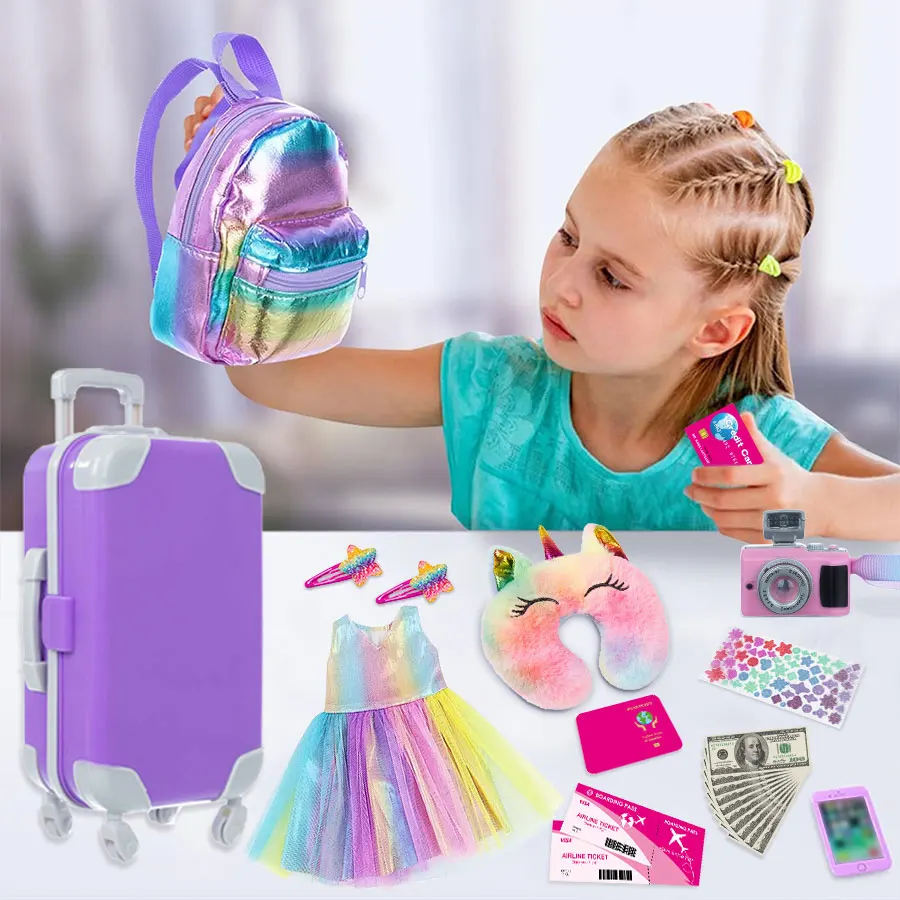 18-Zoll-Puppenkleidung und Zubehör, Puppenkoffer, Reiseset, inklusive Kissen, Einhorn-Tasche, Kamera, Computer, Telefon, Reisepass, Kinder-Gi