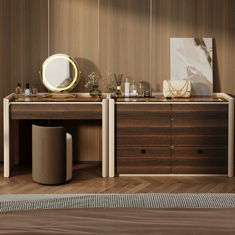 Italian Style Vanity Table with Chest of Drawers Integrated Dressing Desk with Flip Jewelry Storage Makeup Dresser for Bedroom