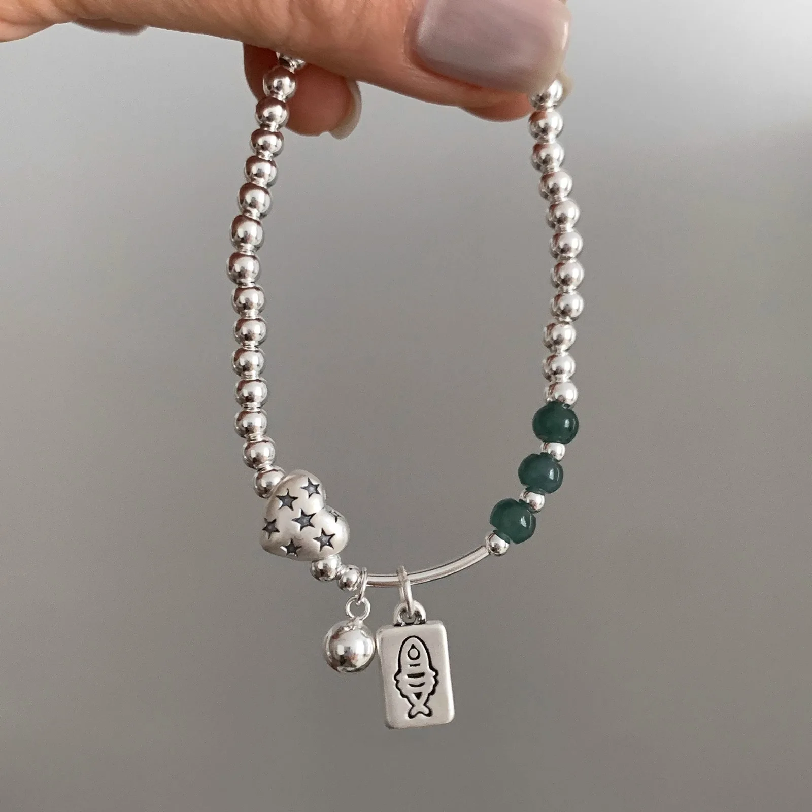 925 Sterling Silver Bracelet Beaded Starry Heart Green Fish Punk Elastic For Woman Girl Fashion Jewelry Gift Dropship Wholesale