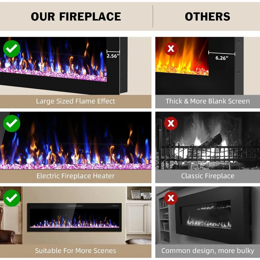 مدفأة كهربائية مقاس 60 بوصة مثبتة على الحائط ومستغرة مع جهاز تحكم عن بعد، تأثير لهب واقعي قابل للتعديل مع متعة مؤقت