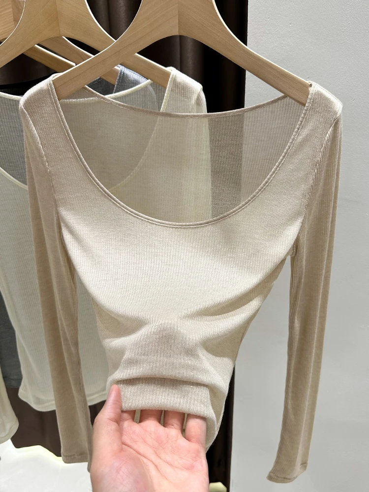 

Сексуальная женская трикотажная футболка с длинным рукавом и круглым вырезом, мягкая, в рубчик, для весны и осени, тонкий базовый слой, внутренний топ