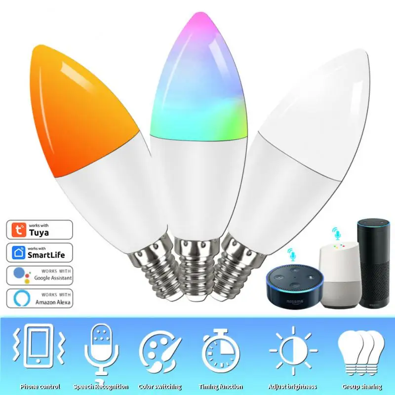 

Tuya WIFI Smart Light Bulb E14 Candle Lamp 5/7/9W RGB+CW+WW Bulb Smart Life APP Control Work With Alexa Google Home