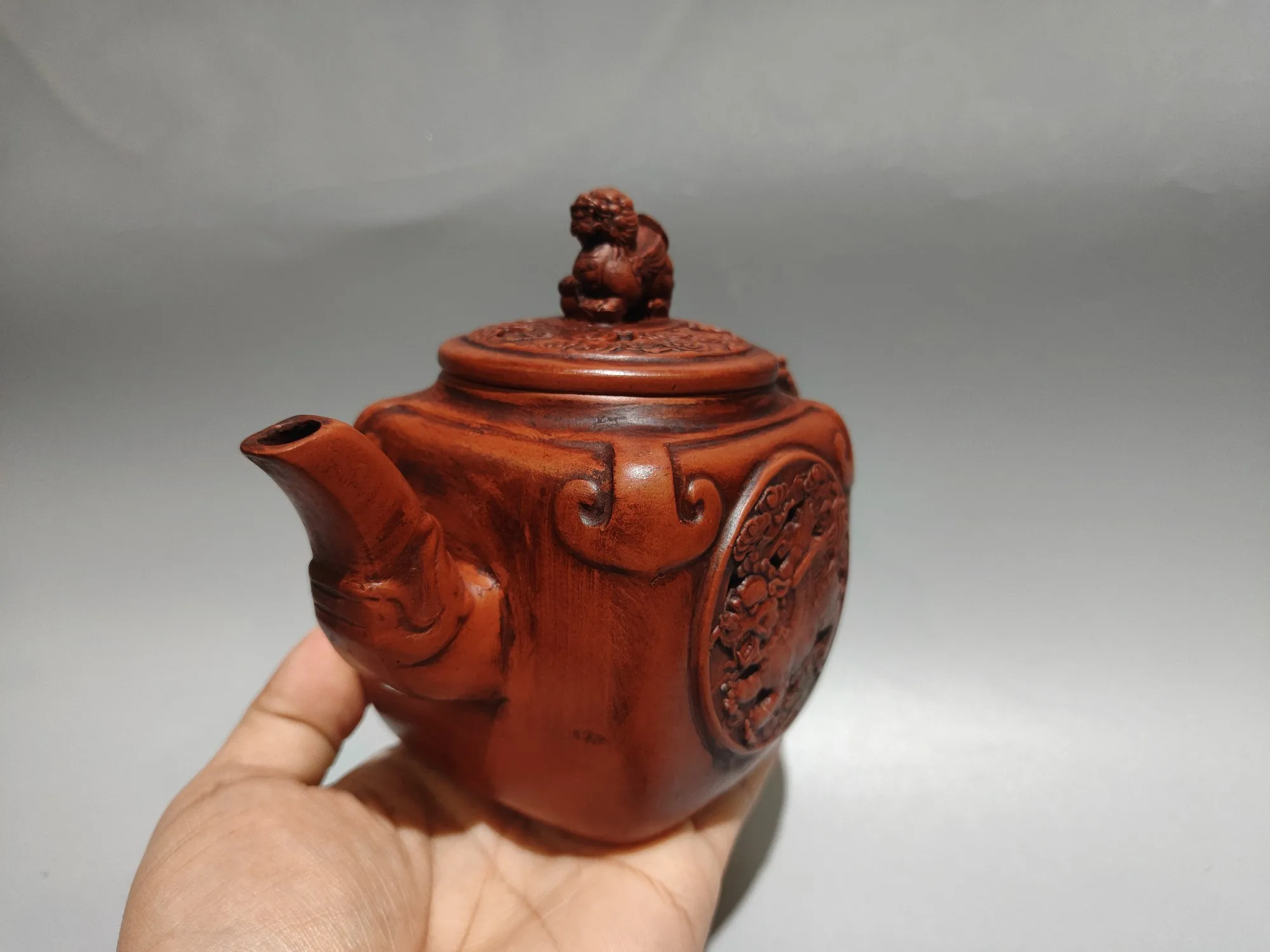 Yixing Purple Clay Teapot Kettle Red clay Four sided hollow out Kirin pattern Wealth pot Teapot Flagon Office Ornaments