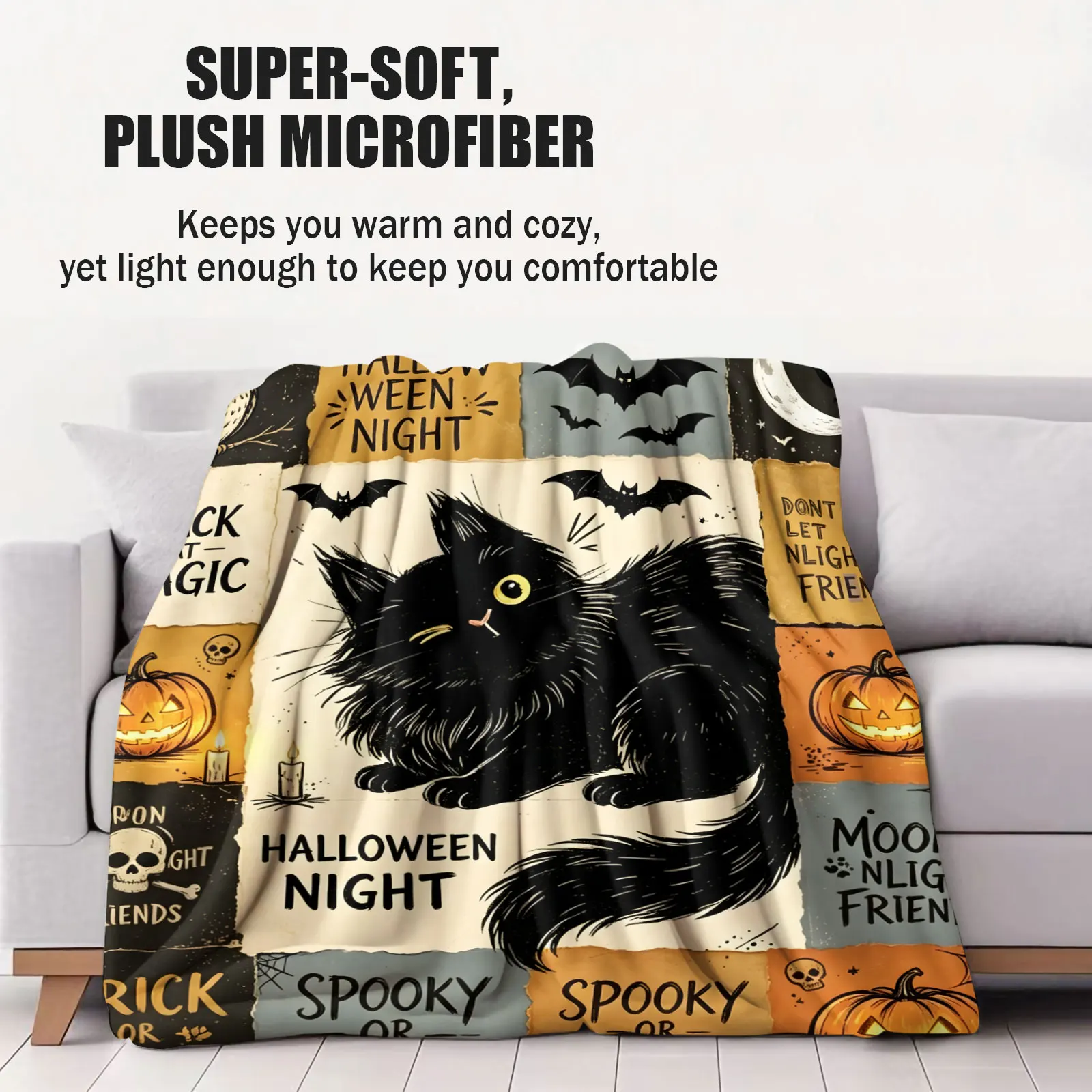 Vintage Patchwork Halloween Black Cat Flannel Throw Blanket Retro Pumpkin Owl Crow Bat Skull Print Soft Plush Blanket Decoration