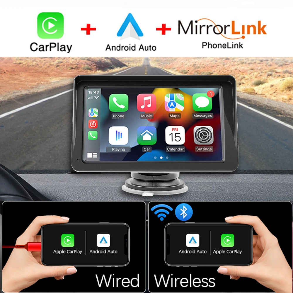 7 Inch Multimedia Player Screen WIFI Video Carplay & Android Auto & Mirror Link Support Parking Rear Camera for IOS Android