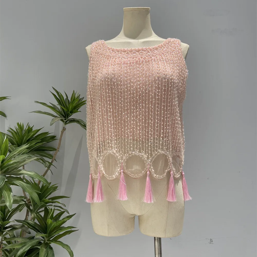 

2023 Summer handmade beaded tassel sexy top round neck sleevelessouter wear thin section waistless T Shirt women