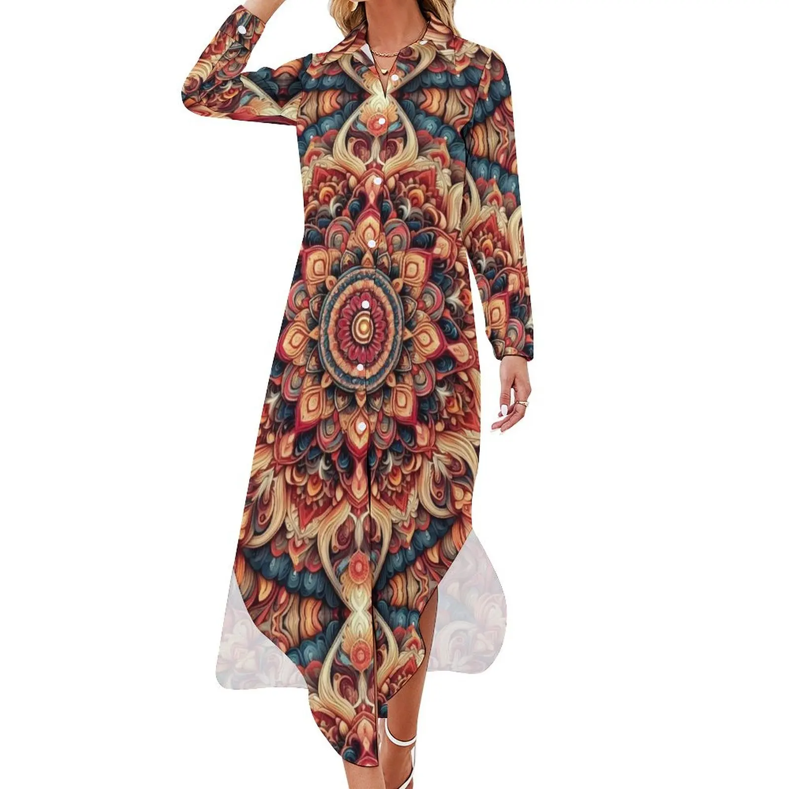 

Mandala with blue geometry Long Sleeved Shirt Dress women's evening dresses 2024 wedding dresses for parties