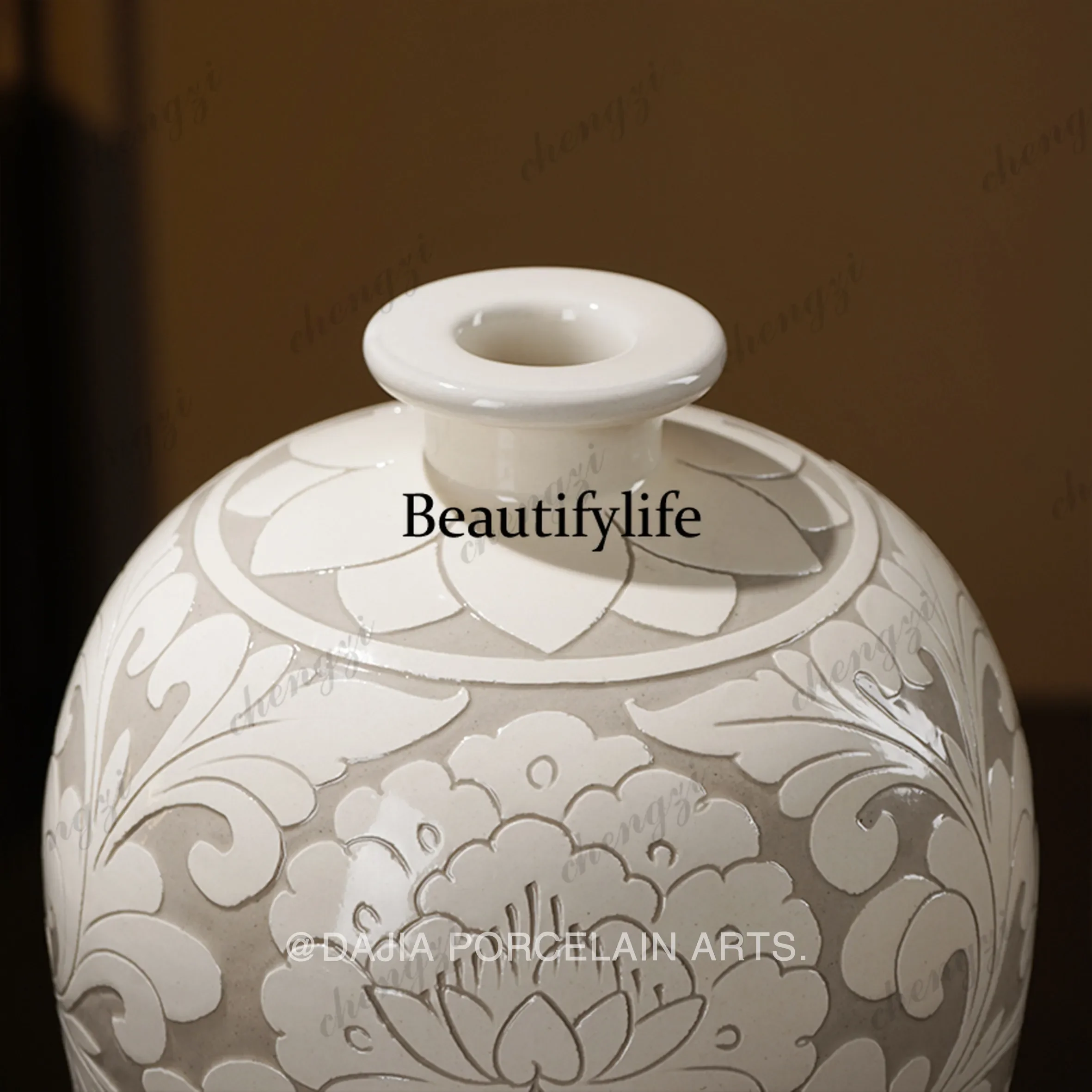 B56 Black glaze engraved flower two-layer peony ceramic vase ornament Chinese home decoration plum vase