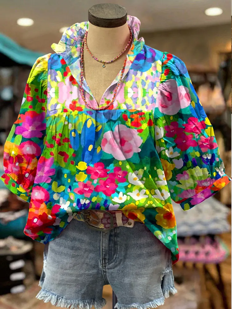 Elegant Contrast Floral Print Top Women Casual Loose Shirts Collar Blouse