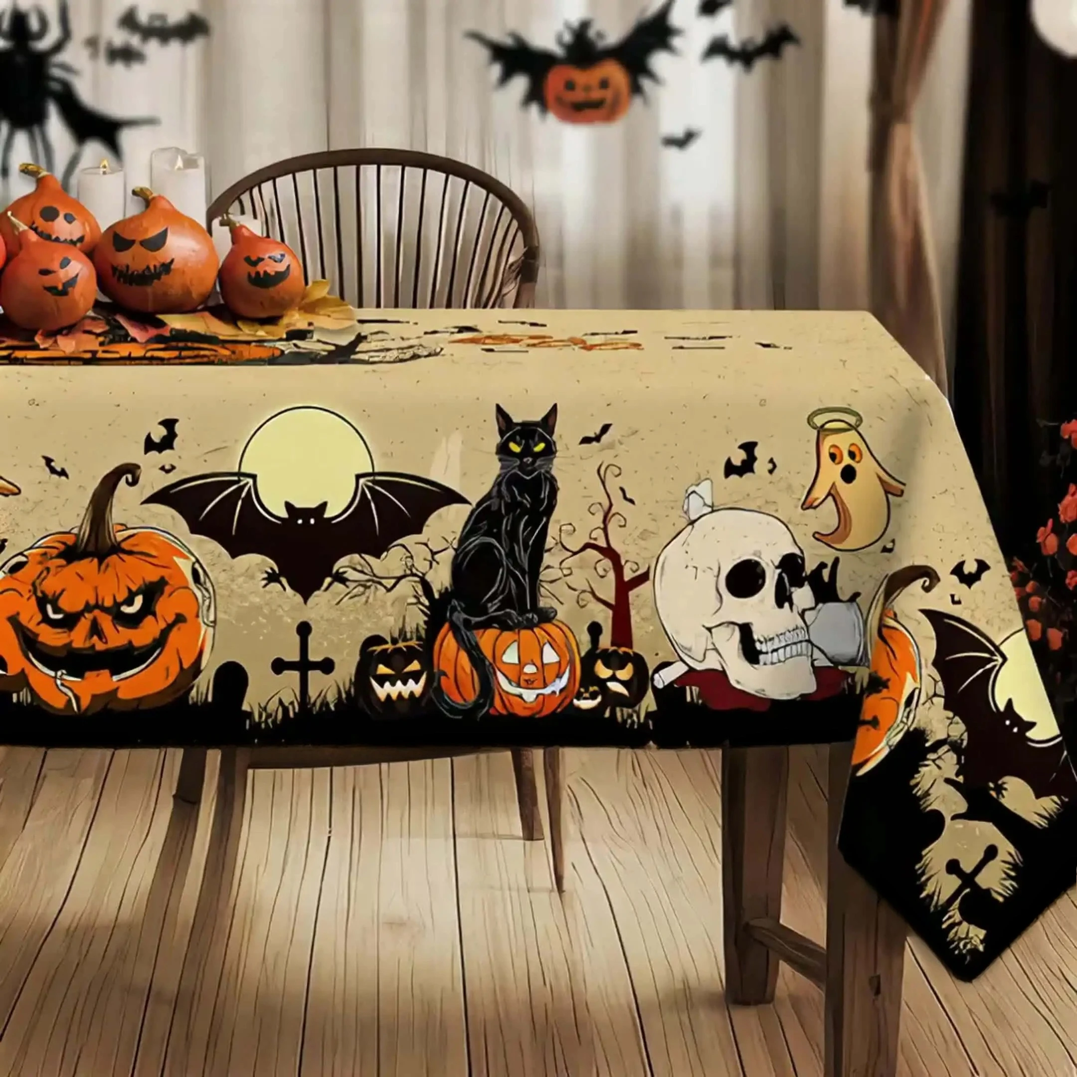 Halloween Kürbisse Fledermäuse Totenköpfe Tischdecken Halloween Gruselige schwarze Katze Polyester Küche Esstischdecke Halloween Dekoration