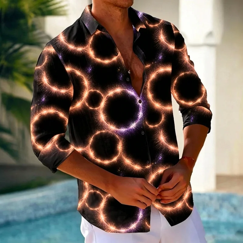 2026 Summer New Men's Colorful Neon Ring Print Long-Sleeve Shirt, Versatile for Everyday Commute, Vacation, Party, and Travel
