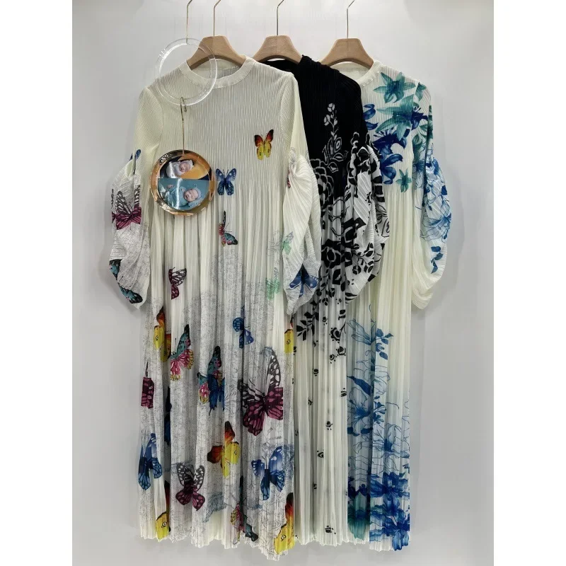 

Miyake Butterfly Print Round Neck Dress Women's 2024 Summer New Elegant Temperament Pleated Short Sleeve A-Line Skirt High-end