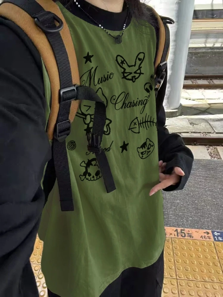 

HOUZHOU Vintage Harajuku Kawaii T-shirts Women Japanese Style Graphic Long Sleeve Tees Y2k Retro Patchwork Loose Print T-shirts