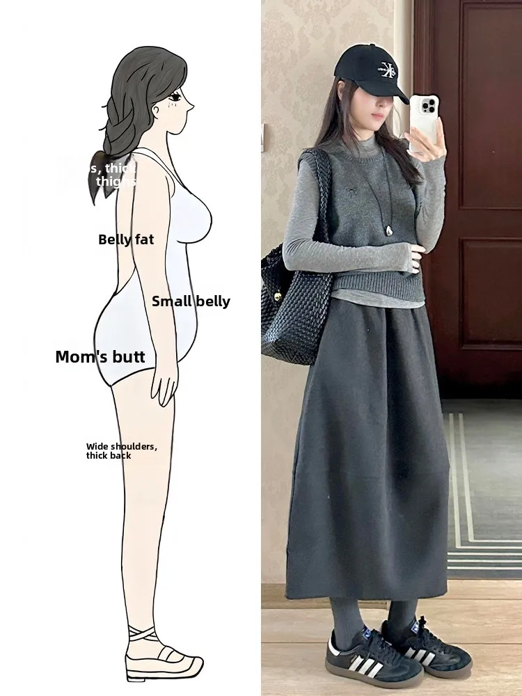 

Gray Knitted Long Sleeve Base Shirt Skirt Set Autumn Winter New Style Casual High Waist Warm Polyester Fiber Three Piece Set