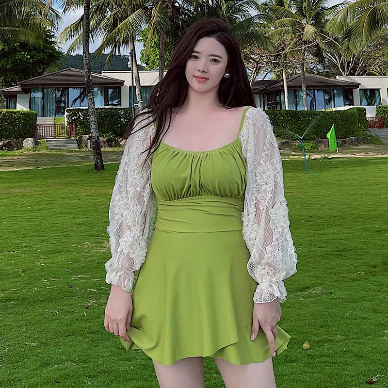 

Flower Printed Lace Long Sleeve One Piece Swimsuit Women Solid Green Patchwork Swimwear Monokini Ruffle Bathing Suit Push Up
