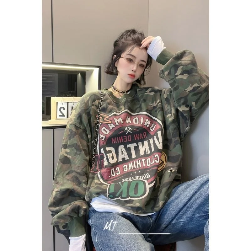 Large Size 300 Pou Camouflage round Ne Sweatirt Men's Casual Sportswear Long Sve Spring Autumn American Retro Sle...