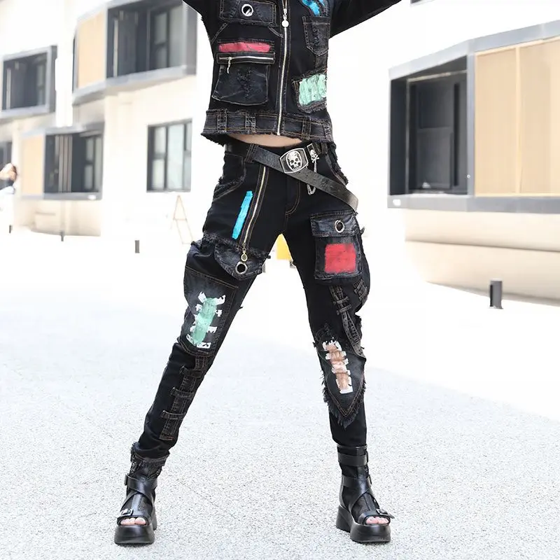 Jean pour femmes, noir foncé, blocage de couleur, design de niche, sens, à la mode, nouveau sarouel personnalisé, tendance, automne