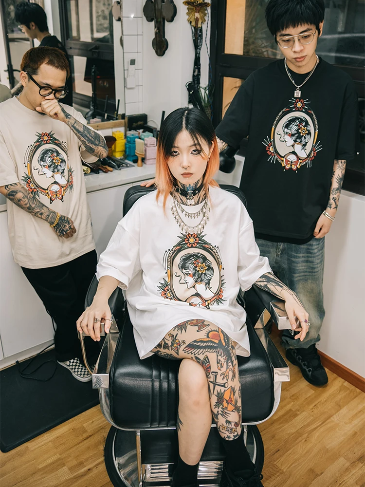 Vincent American Retro Tattoo Street Poster Girl Men's Short Sleeve T-shirt EKHLAS Double Head Swallow Casual Fashion Cotton