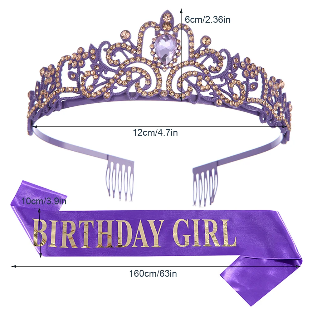 Lila Geburtstagskönigin-Kristall-Tiara, Krone und Satin-Schärpe, Geschenke für Frauen, Happy 30, 40, 50, 60, 70, Geburtstagsparty-Dekorationszubehör – Detail 2