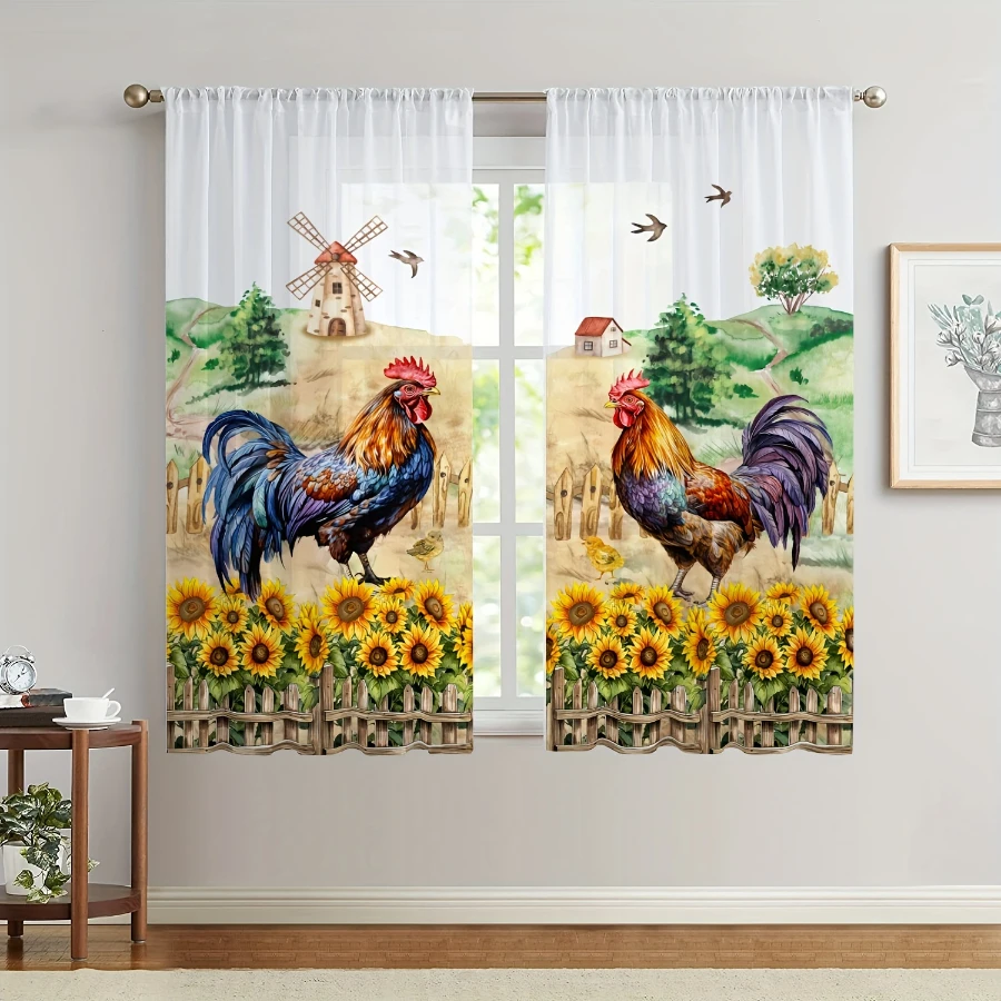 2PCS Pastoral Sheer Curtains, Rooster Sunflower Windmill, Digital Print, Bedroom Living Room, Rod Pocket Polyester, Home Decor